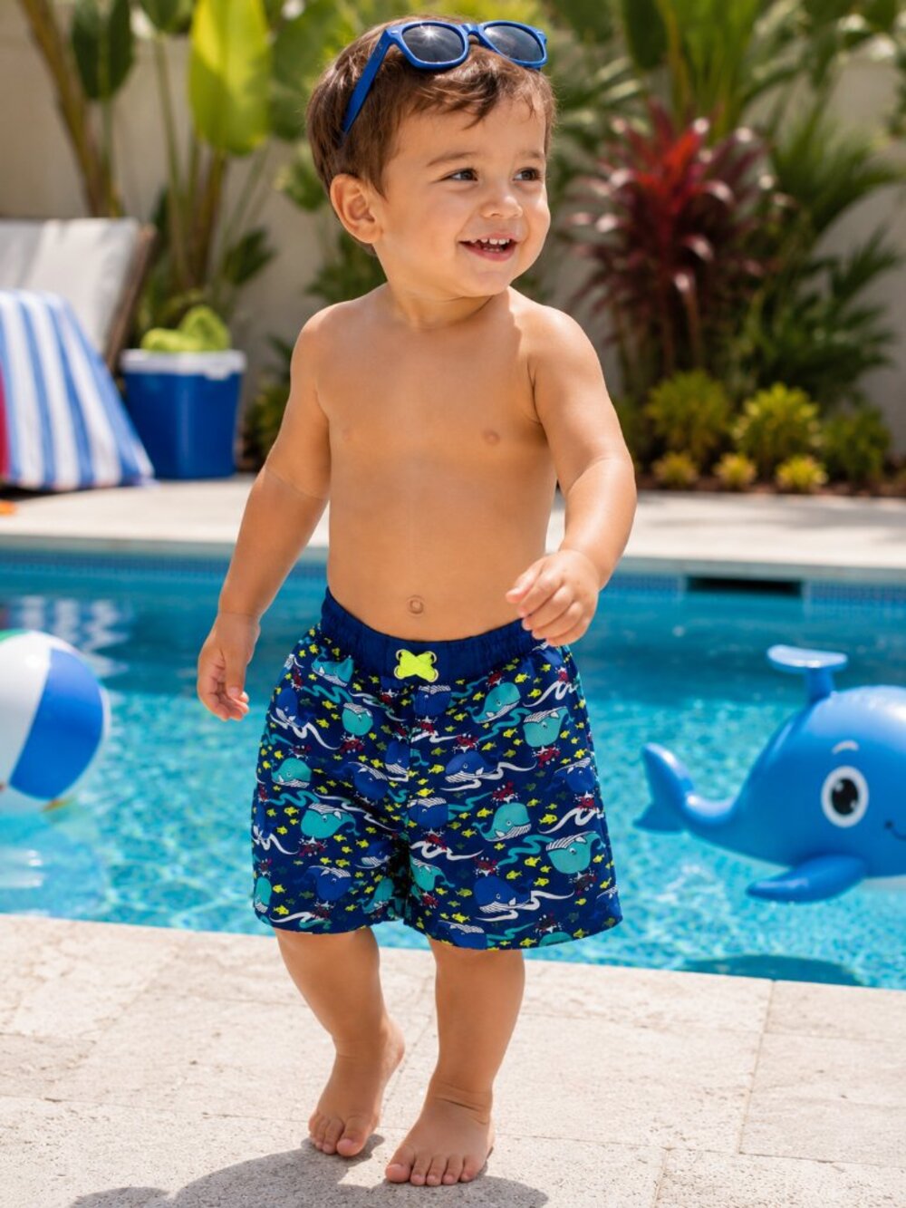 Quad Seven Boys Swim Trunks Whale Ocean Print Blue Swim Shorts 24M
